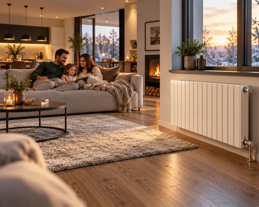 Sala familiar con un radiador de calefacción, imagen referencial de calefacción central para hogares en Santiago